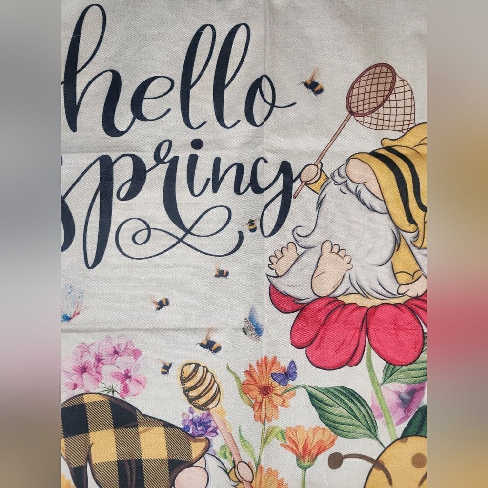 Hello Spring Flag 39.5"×28"Double Sided Trick or Banner Gnomes Flowers Polyester - Picture 5 of 6